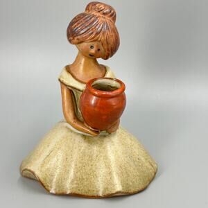 Vtg 70’s Speckled Stoneware Woman Sitting  Clay Pot Flower Vase Figurine Japan